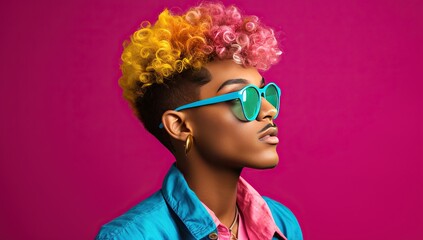 A young African American with short hair dyed yellow and pink, wearing bright blue sunglasses, against a pink background.