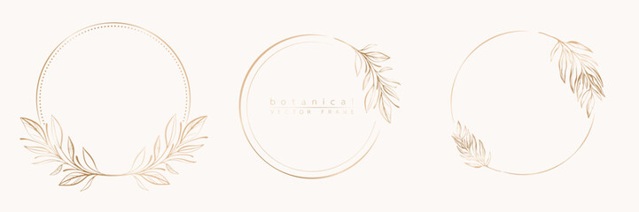 Botanical golden circle frame set. Hand drawn round line border, leaves and flowers for wedding invitation and cards, logo design, social media and posters template. Elegant minimal floral vector.