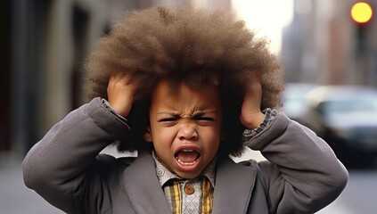 A young African American child in a gray jacket and with chestnut hair is experiencing irritation, tightly covering ears with hands and widely opening mouth, standing on the street. - obrazy, fototapety, plakaty