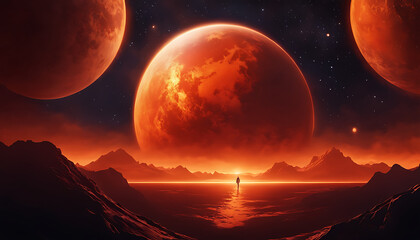 Fototapeta na wymiar A mesmerizing celestial scene with a large orange planet surrounded by a fiery red atmosphere, set against a starry background