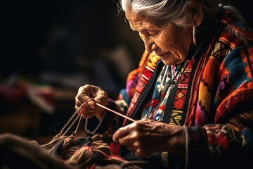 An elderly Asian woman in traditional attire is engaged in handicraft, holding yarn and needles.