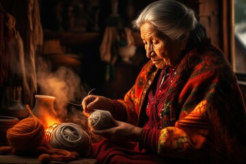 Fototapeta na wymiar Senior woman with white hair working with yarn balls against the backdrop of warm light.