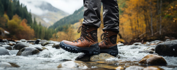 Hiker in boots on the moutains. Generative ai