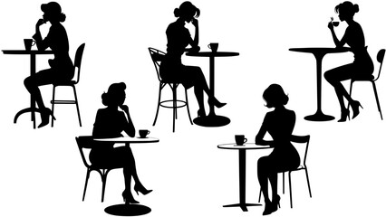 Stylish silhouettes of cafe ladies - obrazy, fototapety, plakaty
