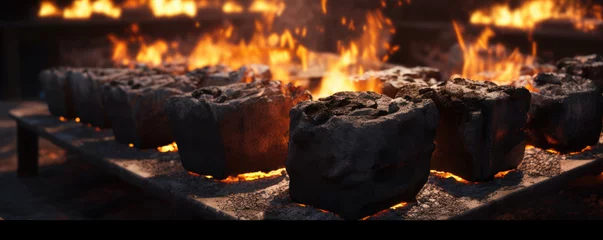 Fototapeten Burning wood briquettes on the grill. generative ai © Michal