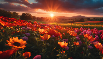 a sunset over a field of colorful flowers. The sky is ablaze with color, with hues of orange, red, pink, and yellow. The flowers are in bloom