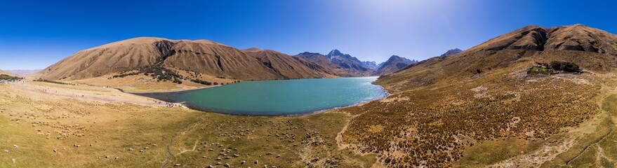 Aerial view of the Querococha lagoon, in the Ancash region.