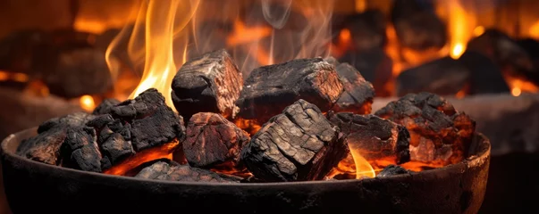 Afwasbaar Fotobehang Brandhout textuur Burning wood briquettes on the grill. generative ai