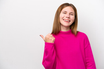 Young English woman isolated on white background pointing to the side to present a product