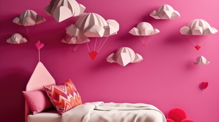Pink child bedroom scene with soft bed pink curtains paper clouds hanging from ceiling