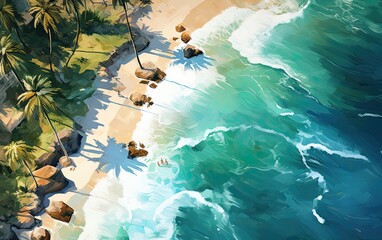 Piaszczysta egzotyczna plaża z palmami.  - obrazy, fototapety, plakaty