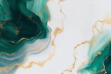 Alcohol Ink of half between green and white and gold marbling abstract background with gold glitter