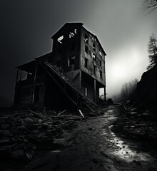a red brick building sits on top of the edge of the hill, monochrome landscapes, darktable processing, cinematic lighting, chaotic environments