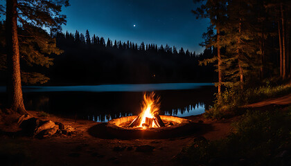 campfire in the woods near a lake at night. The campfire is burning in the center of a clearing, and the trees around it are casting long shadows. The lake is still and reflects the stars in the sky