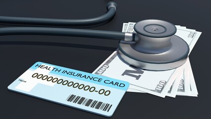 Health insurance card, stethoscope, and scattered $100 paper money 3D rendering