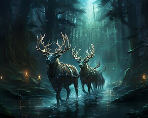 3d rendering of a pair of elk in a dark forest