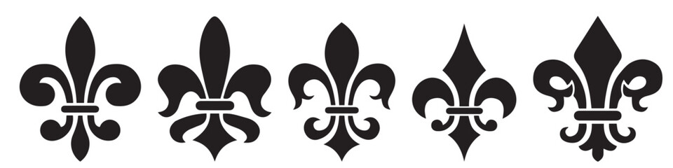 Heraldic lily icons. Fleur-De-Lis icons. Fleur de lis silhouettes. Silhouette style vector icons