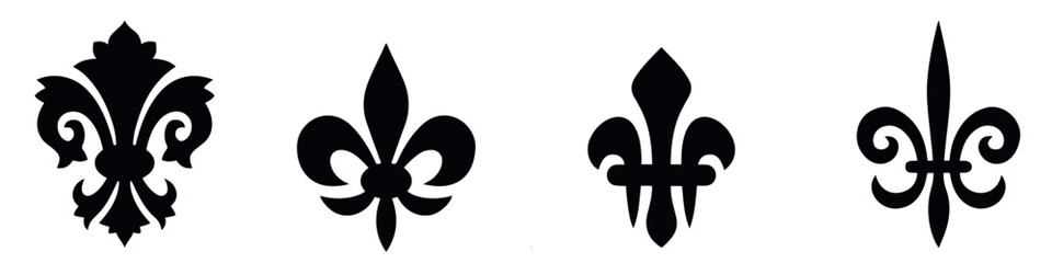 Heraldic lily icons. Fleur-De-Lis icons. Fleur de lis silhouettes. Silhouette style vector icons