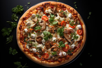 Vegan pizza with mushrooms seen from above on a dark background. Generative AI