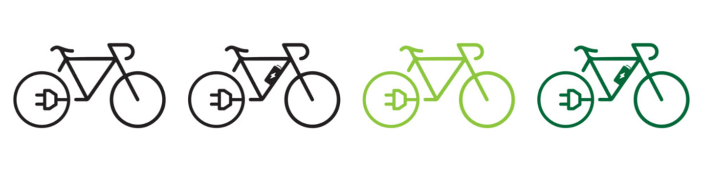 Electric bicycle icon. Black cable electrical bike contour and plug charging symbol. Eco friendly electro cycle vehicle sign concept. Vector battery powered e-bike transportation eps illustration
