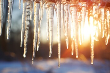 A close-up view of hanging icicles, glistening in the winter sun, creating a magical Christmas atmosphere