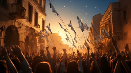 General view of huge crowd of people with raised hands under blue and white flags marching along evening city street. Israel Independence Day. Patriotic concept with national state symbol. - obrazy, fototapety, plakaty