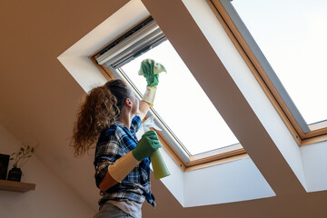 Brunette woman cleaning roof light window at home using squeegee.