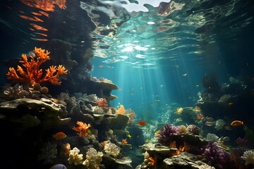 Underwater view of the coral reef. Underwater panorama.