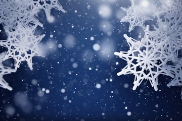 Falling snow and snowflakes. Winter and christmas abstract blue background 