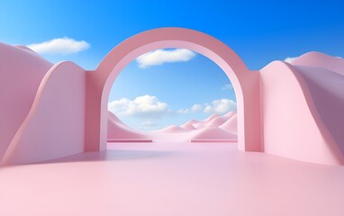Abstract surreal landscape with arches. 3d rendering illustration