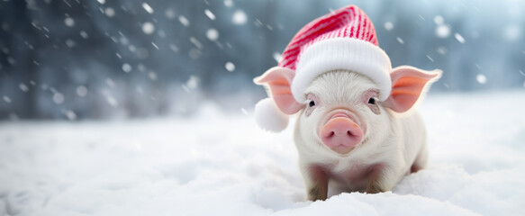 little cute pig with santa cap in a merry christmas with snow