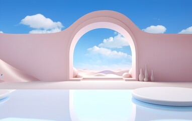 Fototapeta na wymiar Abstract surreal landscape with arches and podium for product display. 3d rendering illustration