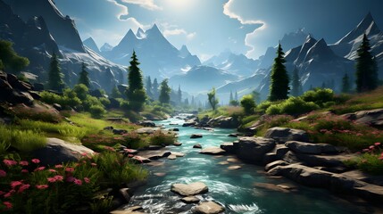 Beautiful panoramic view of the mountain river in the mountains
