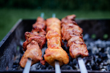Barbecue beef pork shashlik. Cooking outdoor