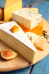 Board with tasty cheese on blue wooden background