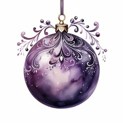 Fototapeta premium Christmas Ball toy in purple and silver colors with white background Watercolor illustration. Christmas decoration. Vertical format for banners, posters, advertising, gift cards. AI generated.