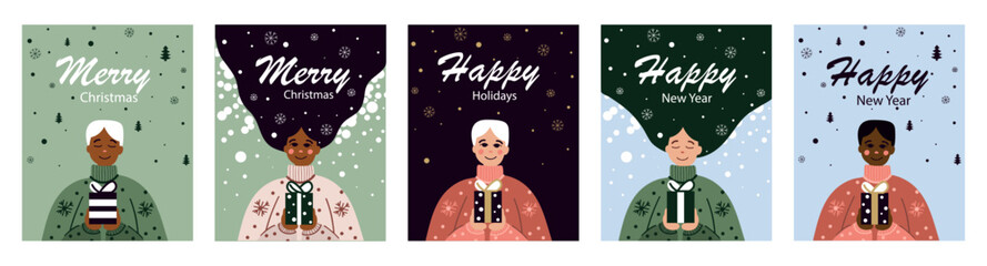 Modern universal art templates. Corporate holiday cards with a person, a gift, Christmas trees, snowflakes and snow. Vector illustration. Marry Christmas and Happy New Year