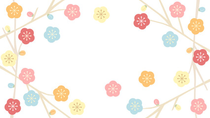 パステルカラーの可愛い梅の花と枝の和風イラストのカード　アスペクト比16：9バージョン　