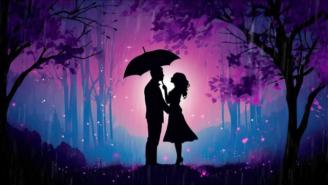 Seamless loop animation. couple in love purple and blue silhouette. Created using Generative AI Technology
