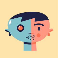 Half robot child. Cyborg creature. Flat vector illustration in cartoon style.