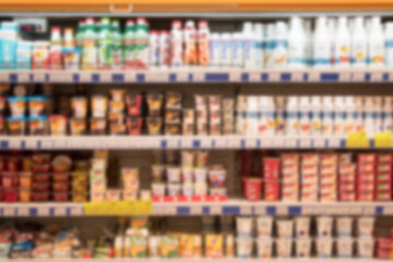 Blur abstract background. Grocery Store concept. Supermarket refrigerator with various products.