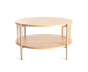 Round simple wooden coffee table on white background