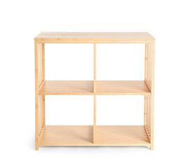 Wooden shelving unit isolated on white background