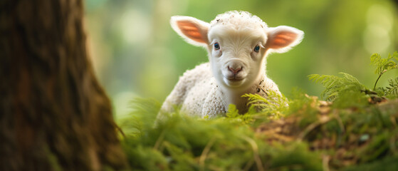 Obraz na płótnie Canvas A Baby Sheep in Jungle blur background copy space