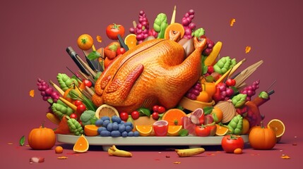 Fototapeta premium Cartoon promotional illustrations of pumpkins and turkeys celebrating Thanksgiving.generated with AI