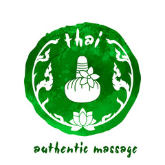 Authentic Thai massage. Logo for Thai massage with traditional thai ornament in green. Thai Herbal Compress Ball on watercolor background for your web site design, app, UI. EPS10