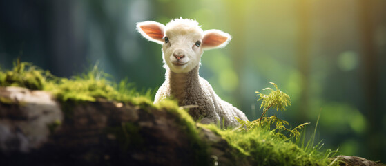 A Baby Sheep in Jungle blur background copy space