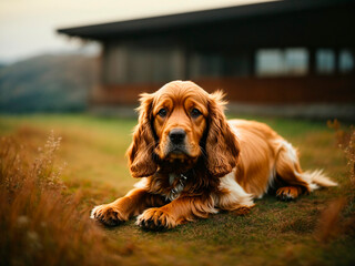 cocker spaniel dog lies near the house