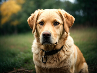 Labrador dog on the street against the background of the forest