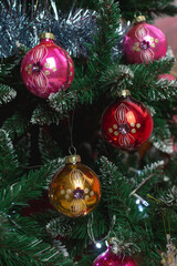 Christmas decorations. Vintage glass balls on a Christmas tree.